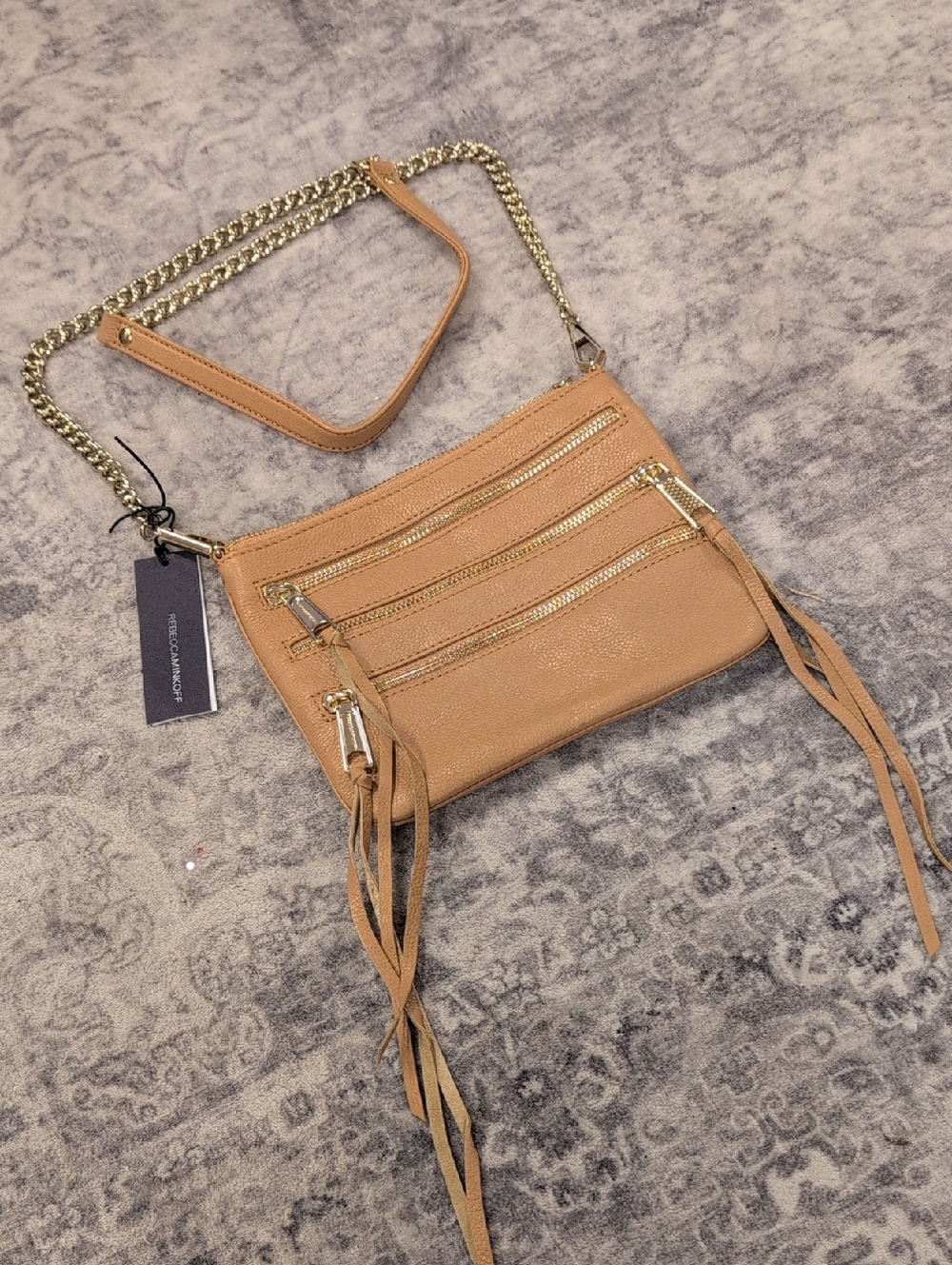 Rebecca Minkoff Tan Crossbody with Gold Chain and Tassel Zips
